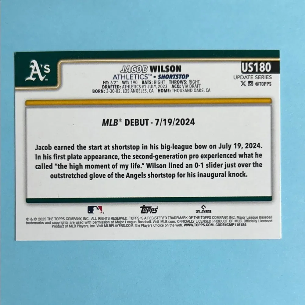 2025 Topps update Athletics Jacob Wilson Rookie Card #US180 - Picture 2 of 2